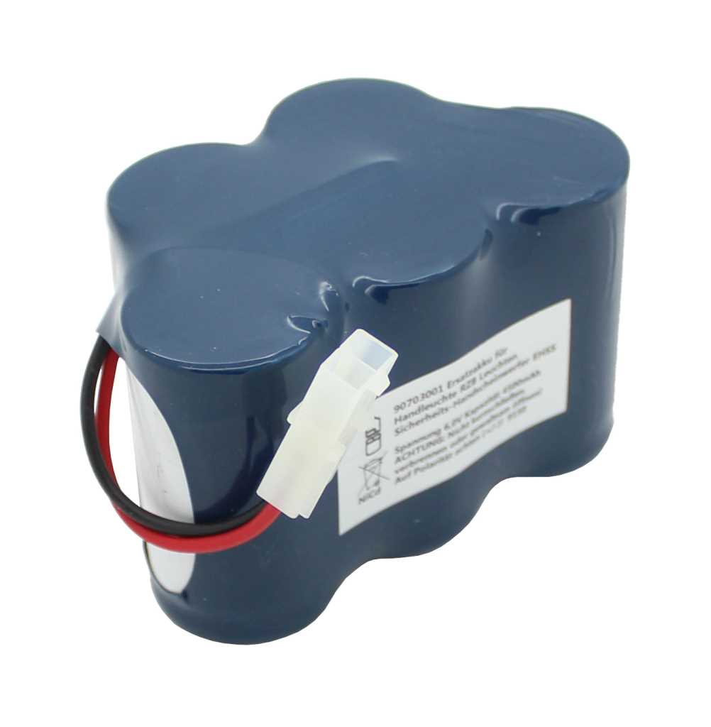 Dunkelblauer Akkupack mit weißem Steckverbinder sowie rotem und schwarzem Kabel und seitlichem Etikett