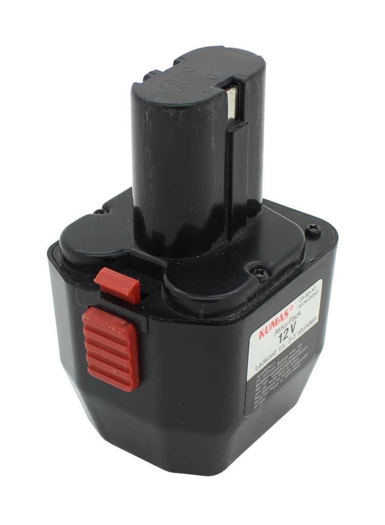 Schwarzer Werkzeugakku mit roter Entriegelungstaste und seitlichem Etikett, auf weißem Hintergrund