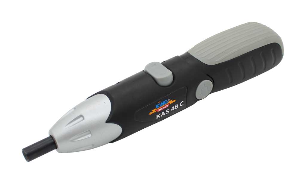 Schwarz-grauer Akkuschrauber mit Griff, Schiebeschalter und kurzem Bitaufsatz, seitlich mit KAS 48 C beschriftet