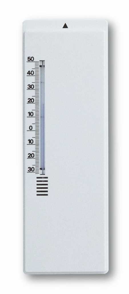 Weißes rechteckiges Thermometer mit Skala links und kleiner Dreiecksmarkierung oben mittig