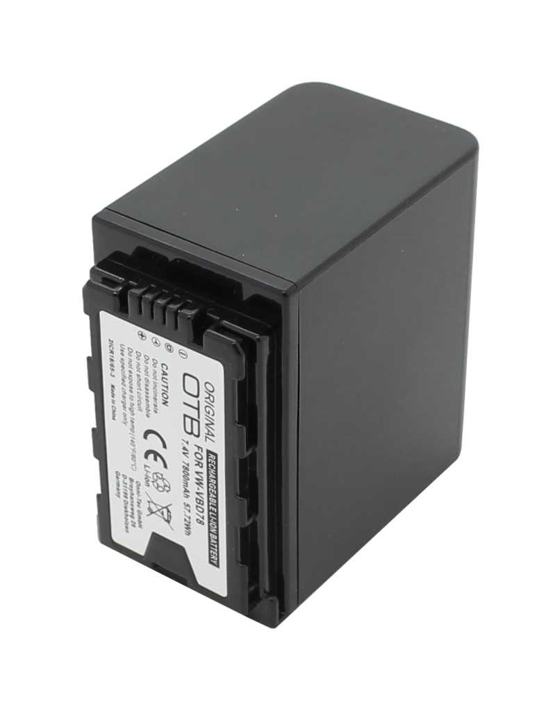 Schwarzer rechteckiger Kameraakku mit Kontaktleiste und seitlichem Etikett auf weißem Hintergrund