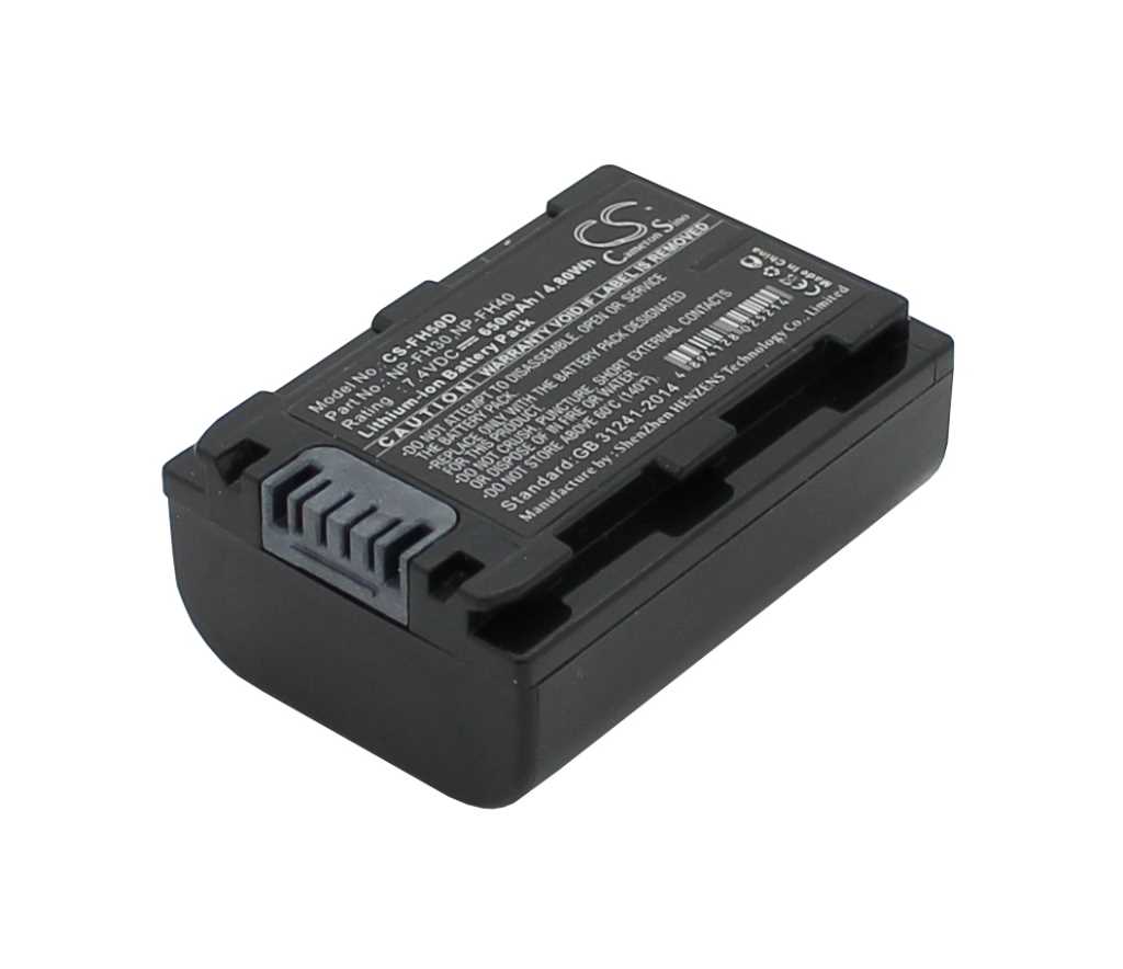 Schwarzer Kameraakku mit geriffelter Entriegelungslasche und Aufkleber auf der Oberseite, schräg von oben gezeigt