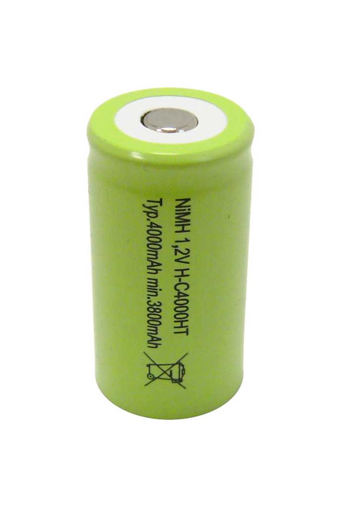 Hellgrüne zylindrische Akku-Zelle mit flachem Pluspol, seitlicher schwarzer Beschriftung und Entsorgungssymbol