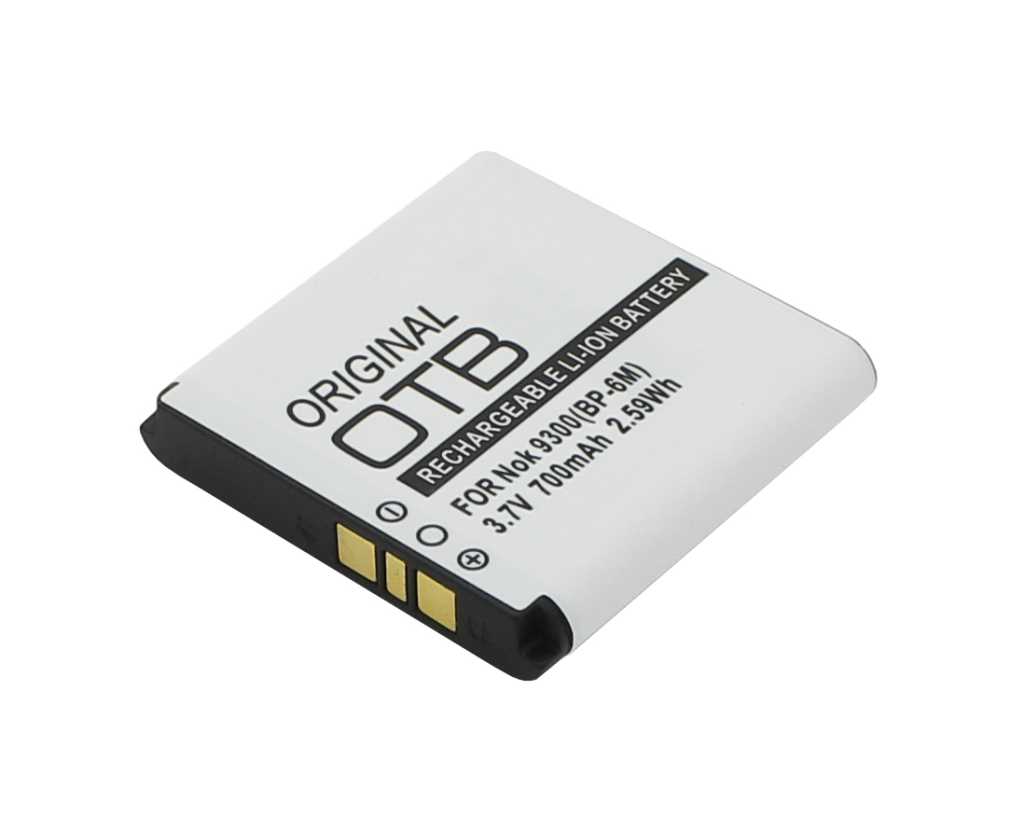 Weißer Handyakku mit schwarzem Rand und drei goldenen Kontakten an der Stirnseite