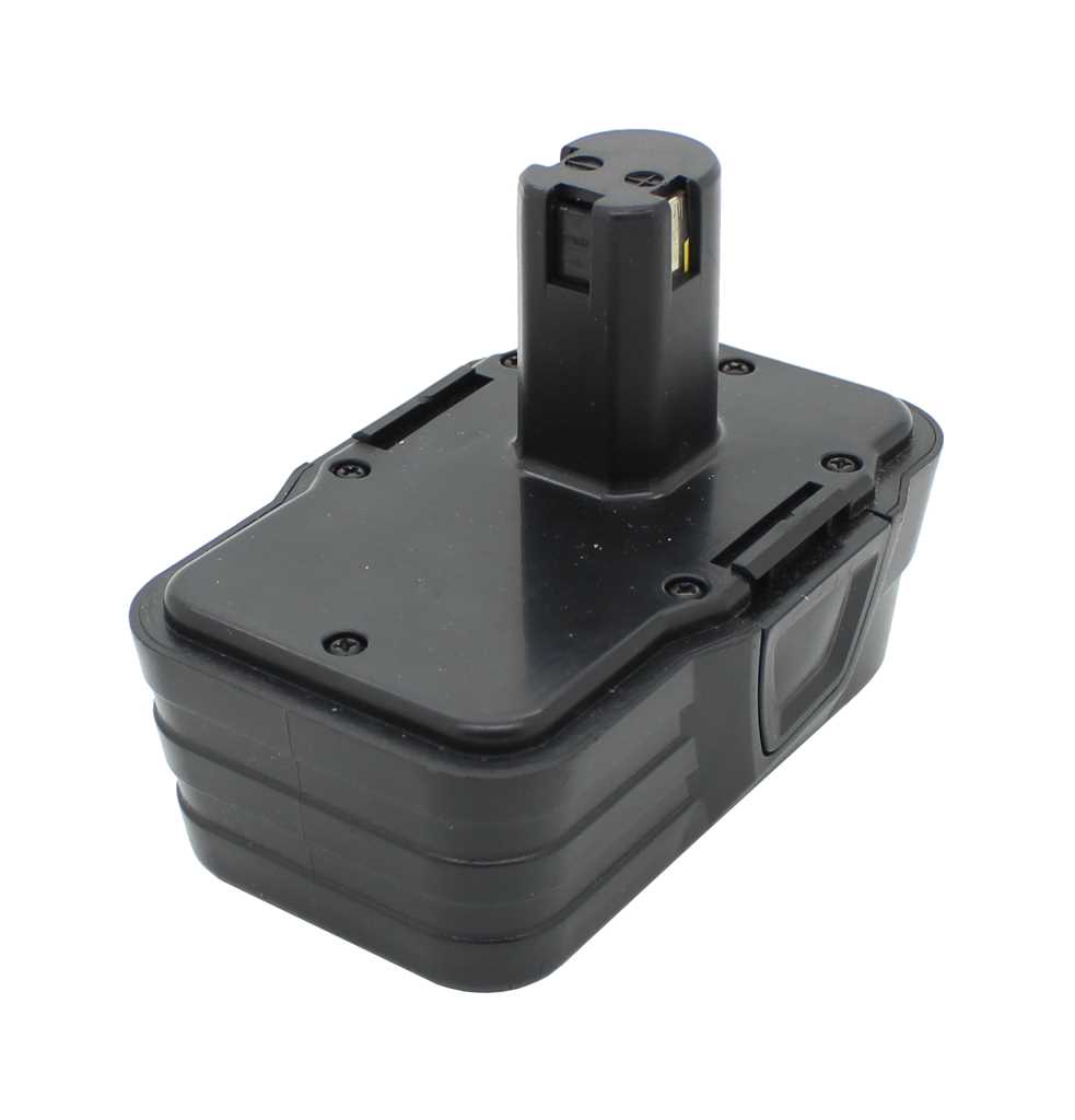 Schwarzer Akku-Pack mit rechteckigem Gehäuse und hochstehendem Steckanschluss auf weißem Hintergrund