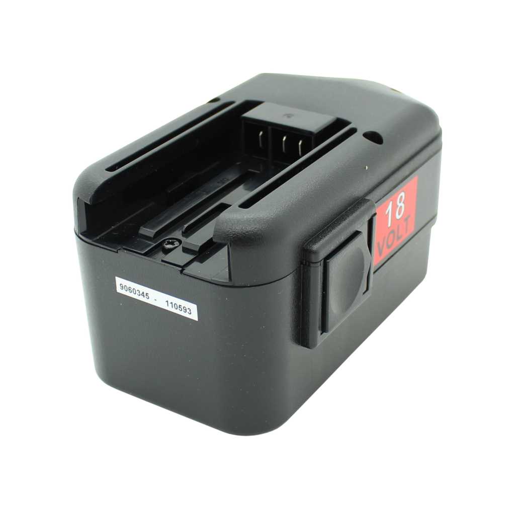 Schwarzer Werkzeugakku mit Schiebeschacht und roten Aufdruck 18 Volt an der Seite