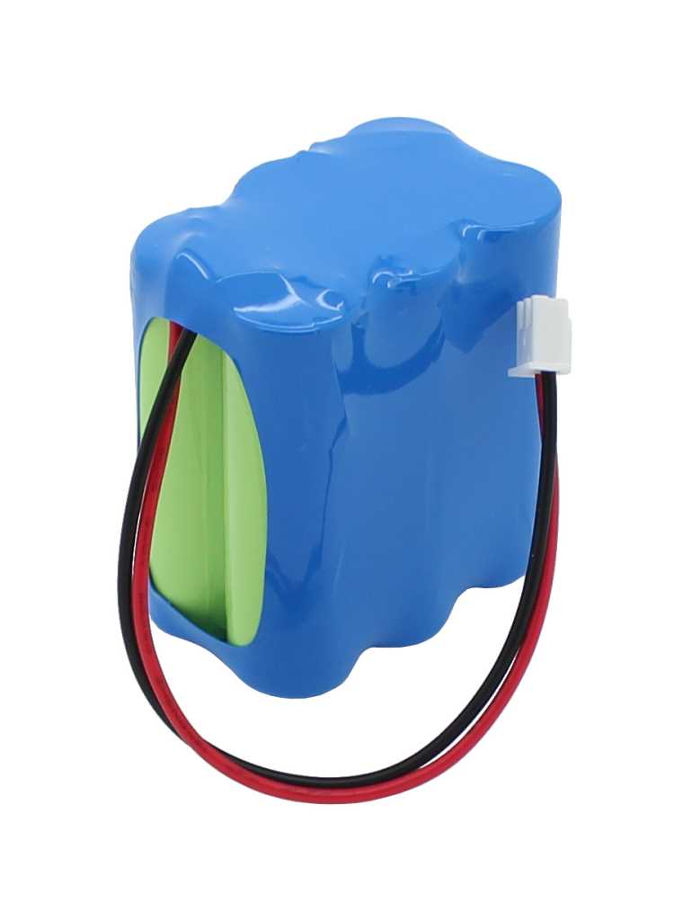 Blauer Akkupack mit sichtbaren grünen Zellen sowie rotem und schwarzem Kabel mit weißem Steckverbinder