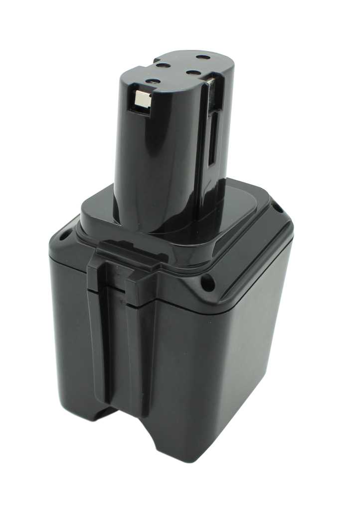 Schwarzer Werkzeugakku mit rechteckigem Gehäuse und aufgesetztem Steckkontaktblock mit Metallkontakt oben sichtbar