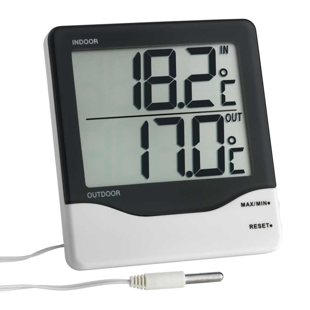 Schwarz-weißes Digitalthermometer mit großem Display, 18,2 °C innen und 17,0 °C außen, Kabelsensor davor