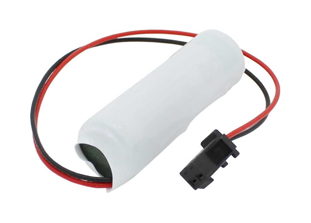 Weiß ummantelte Zylinderbatterie mit rotem und schwarzem Kabel sowie schwarzem Stecker auf weißem Hintergrund