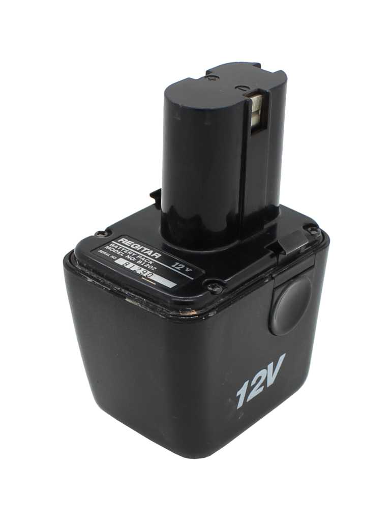 Schwarzer Werkzeugakku mit Steckanschluss und seitlicher Entriegelungstaste, Aufdruck 12V auf dem Gehäuse