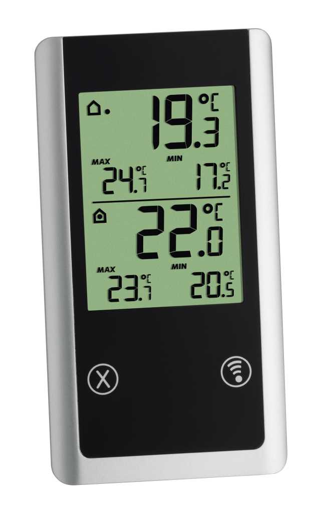 Digitales Thermometer mit schwarzer Front und grünem Display, zeigt 19,3 °C und 22,0 °C sowie Max/Min-Werte an