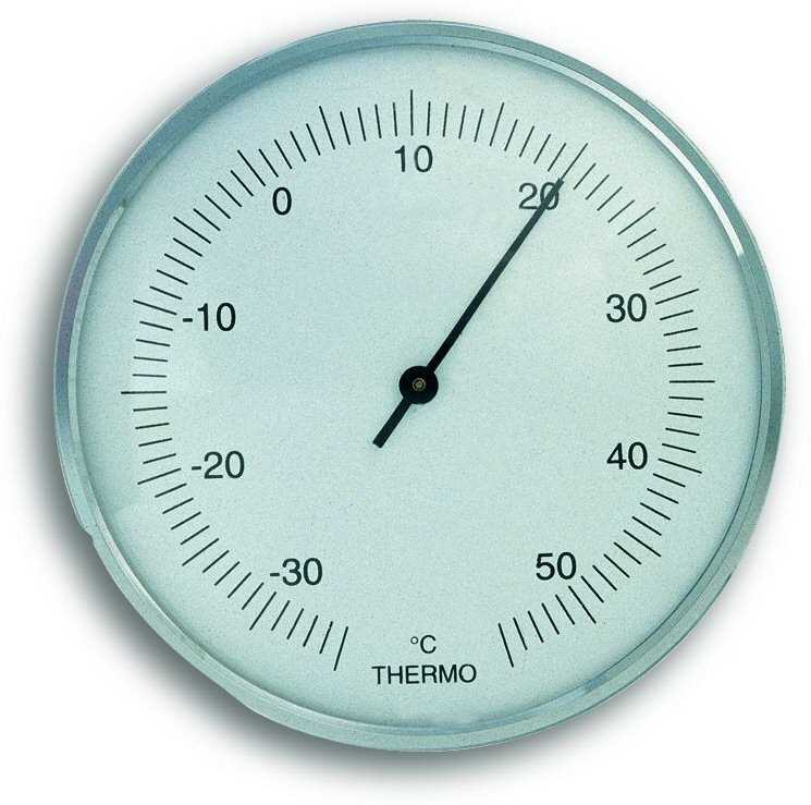 Rundes analoges Thermometer mit Skala von -30 bis 50 und schwarzem Zeiger nahe 20 Grad