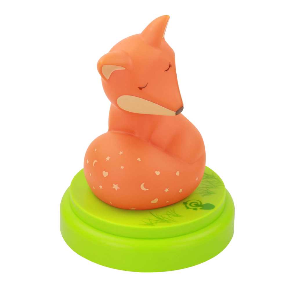 Orangefarbener Fuchs mit geschlossenen Augen auf grünem Sockel, am Körper Sterne, Monde und Herzen