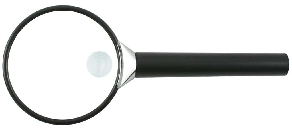 Schwarze Lupe mit rundem Glas und langem Griff, seitlich auf weißem Hintergrund abgebildet