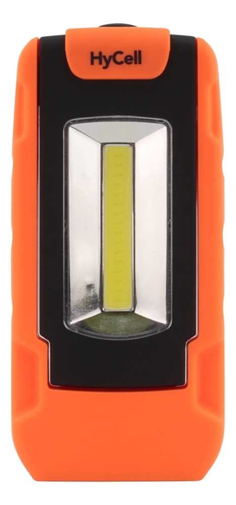 Schwarz-orangefarbene Handlampe mit zentralem rechteckigem Leuchtfeld hinter transparenter Abdeckung und HyCell-Aufdruck oben