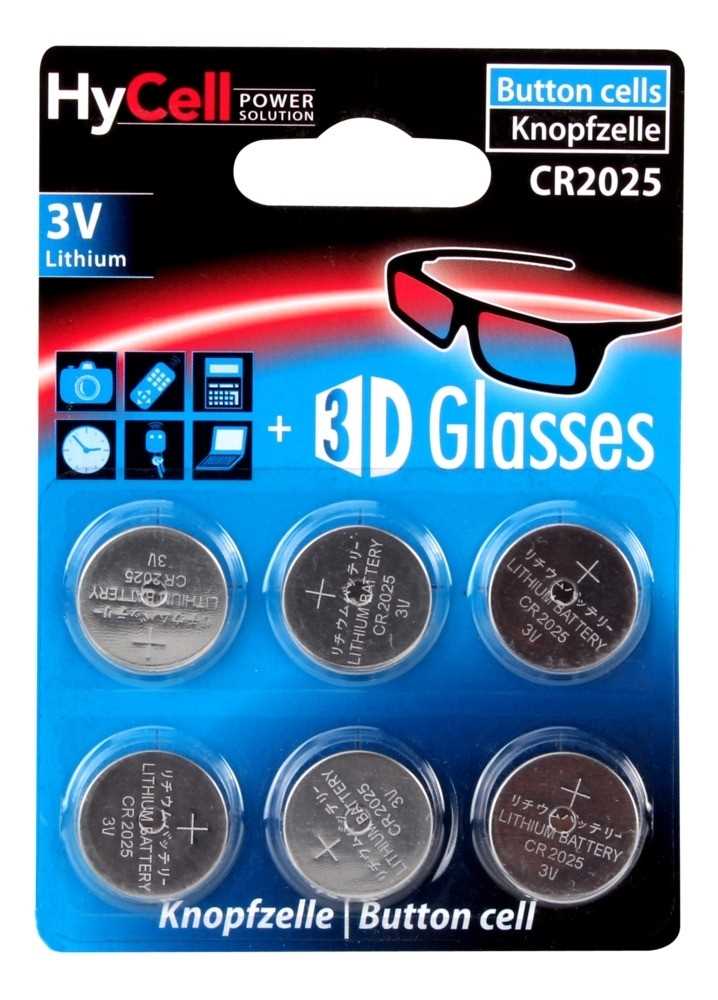 Blisterverpackung mit sechs Knopfzellen, Aufdruck 3V und CR2025 sowie Grafik einer 3D-Brille