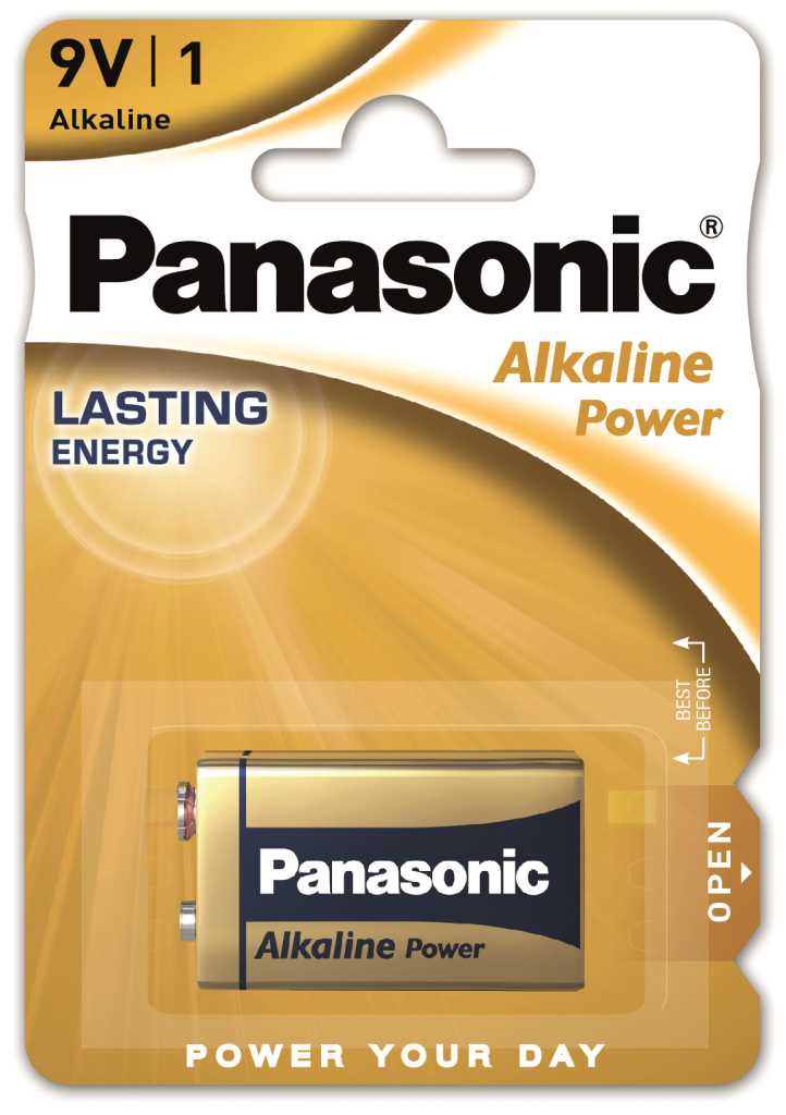 Verpackung mit 9V-Blockbatterie in Gold und Blau, Panasonic-Logo und Sichtfenster für die Batterie