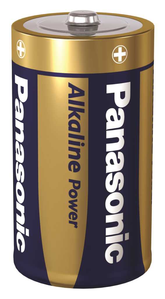 Gold-blaue zylindrische Batterie mit erhabenem Pluspol und Aufdruck Panasonic sowie Alkaline Power