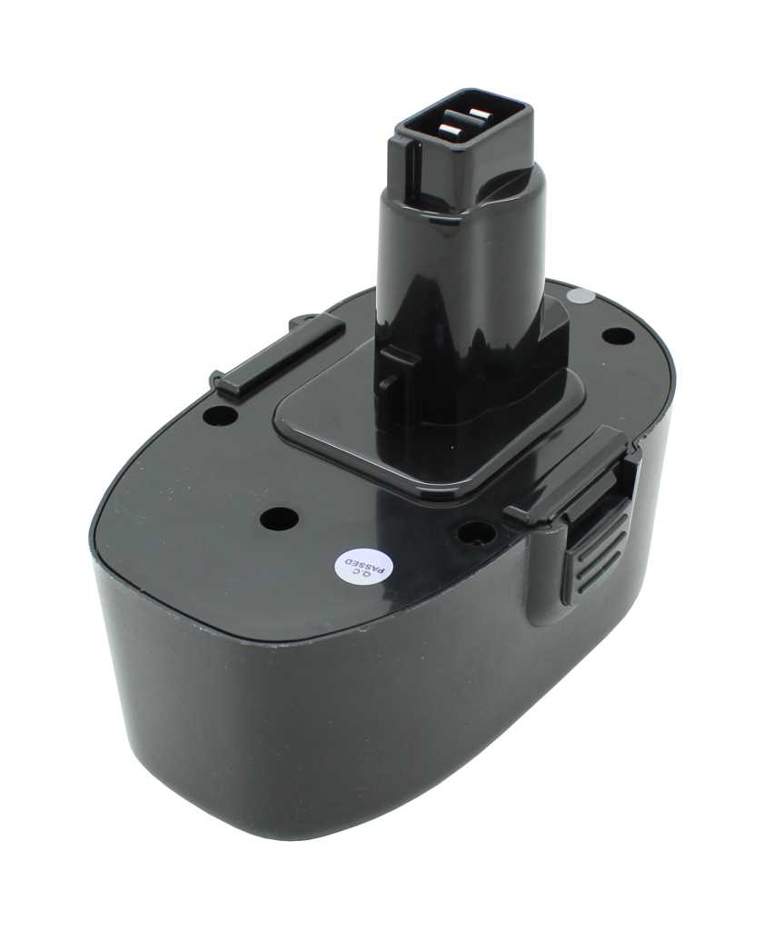 Schwarzer Akkupack mit ovalem Gehäuse und hohem Anschlussstutzen mit zwei Metallkontakten auf weißem Hintergrund