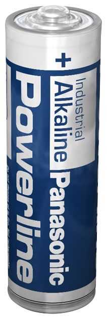 Nahaufnahme einer zylindrischen Batterie mit blau-weißem Etikett und sichtbarem Pluspol oben