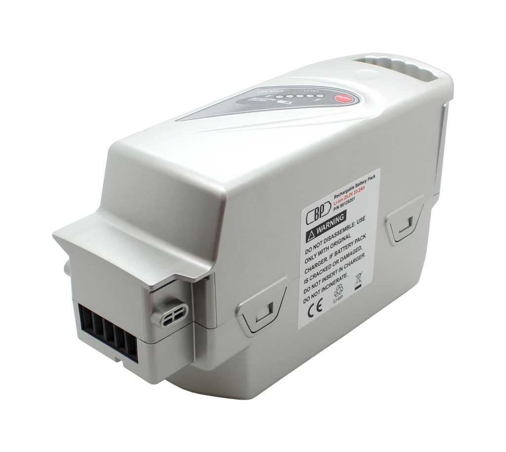 Grauer E-Bike-Akku mit Griffmulde, Ladeanzeige und roter Taste, seitlichem Warnaufkleber und Steckkontakt vorne links