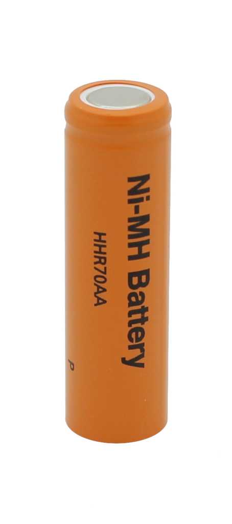 Oranger zylindrischer Akku mit flachem Pluspol, auf weißem Hintergrund stehend