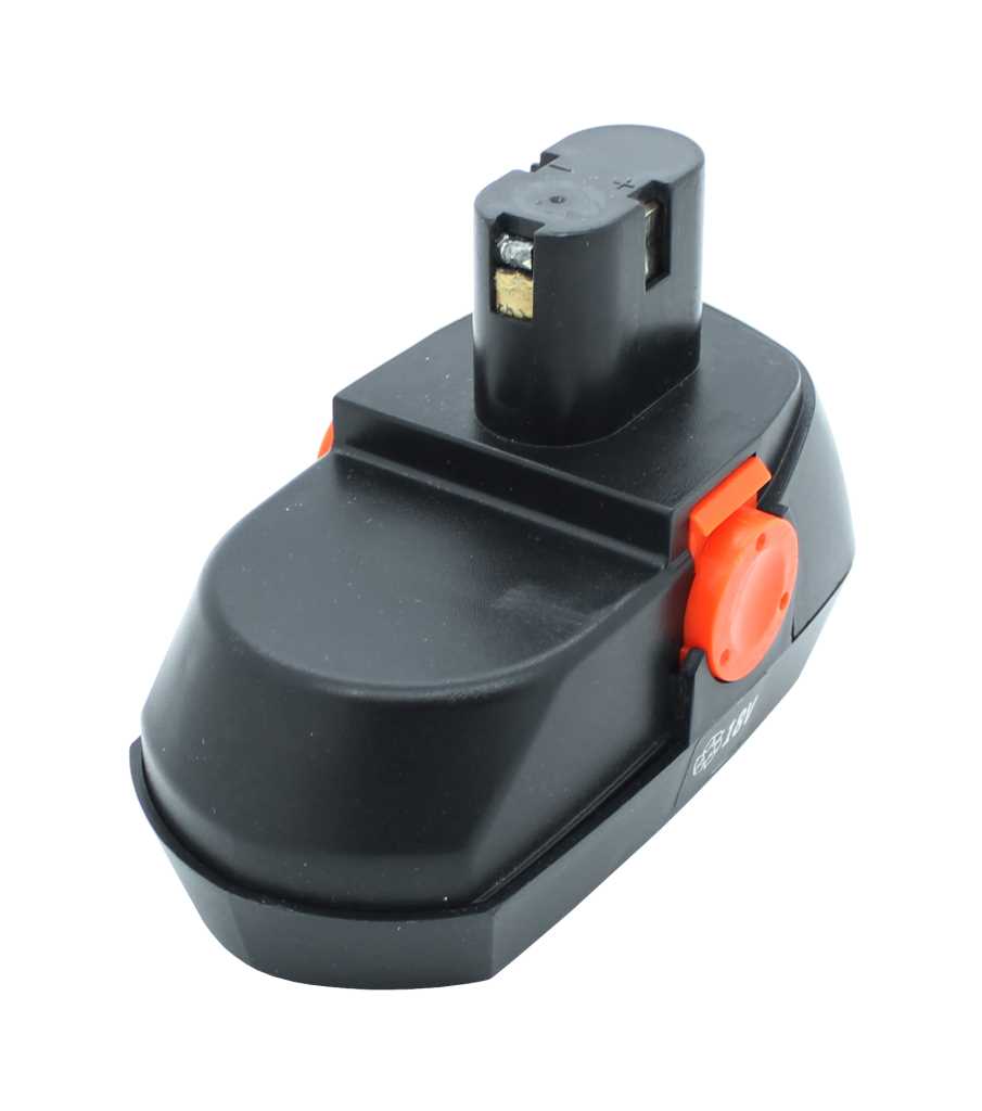 Schwarzer Werkzeugakku mit rotem Entriegelungsknopf und sichtbaren Kontakten am Steckanschluss