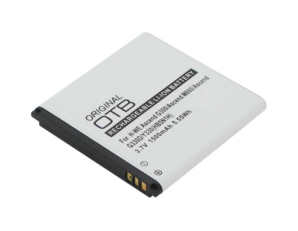 Weißer Smartphone-Akku mit schwarzen Kanten und goldenen Kontakten, Aufdruck 3,7V 1500mAh