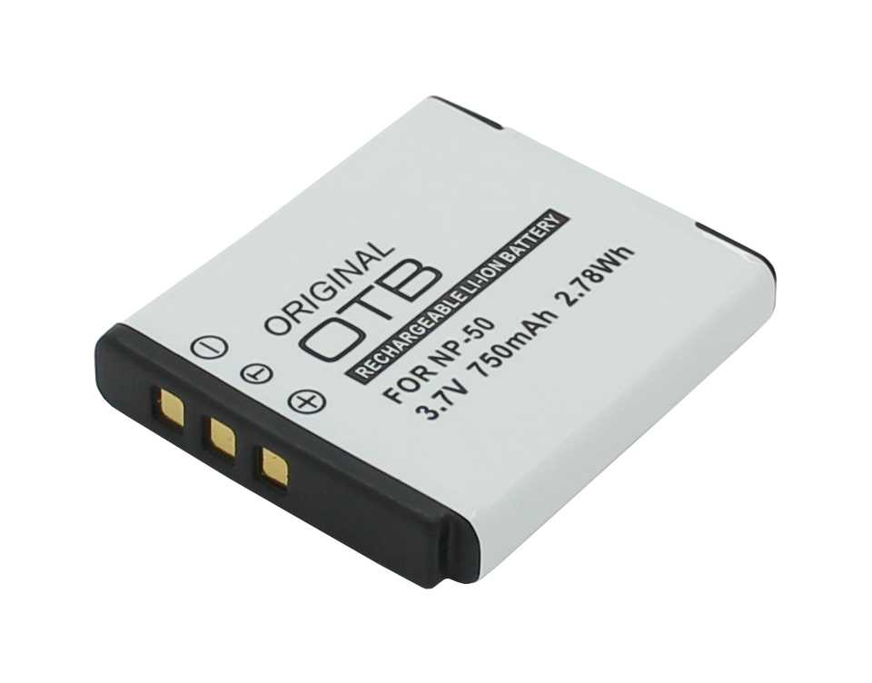 Weißer Kameraakku mit schwarzer Kante und drei goldenen Kontakten, schräg liegend auf weißem Hintergrund