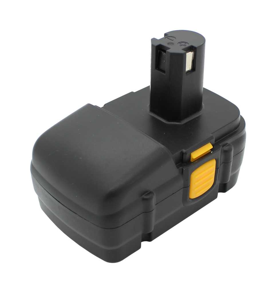 Schwarzer Werkzeugakku mit aufgesetztem Steckkontakt und gelben Entriegelungstasten auf weißem Hintergrund
