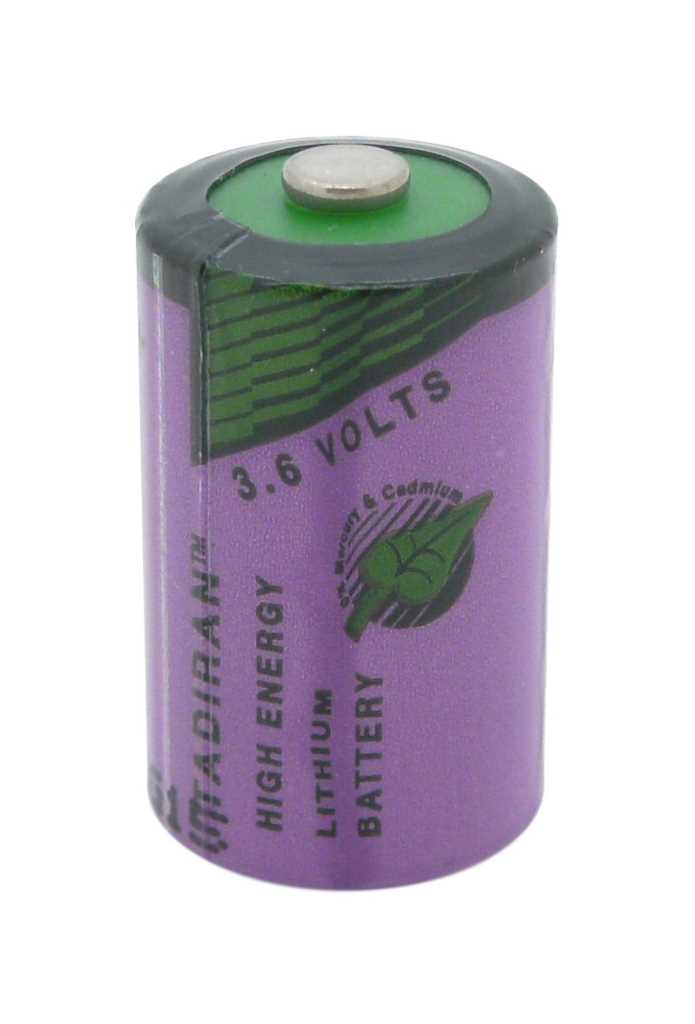 Zylindrische Batterie mit violett-grünem Etikett und silbernem Pluspol auf weißem Hintergrund