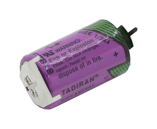 Zylindrische lila Batterie mit aufgedruckter Warnschrift und seitlichem Lötanschluss, Pluspol markiert