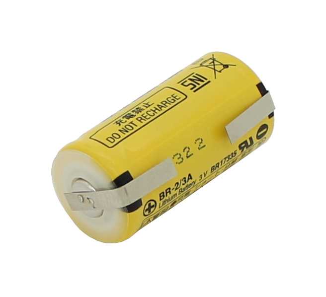 Gelbe zylindrische Batterie mit zwei seitlichen Metall-Lötfahnen und sichtbarem Pluspol links