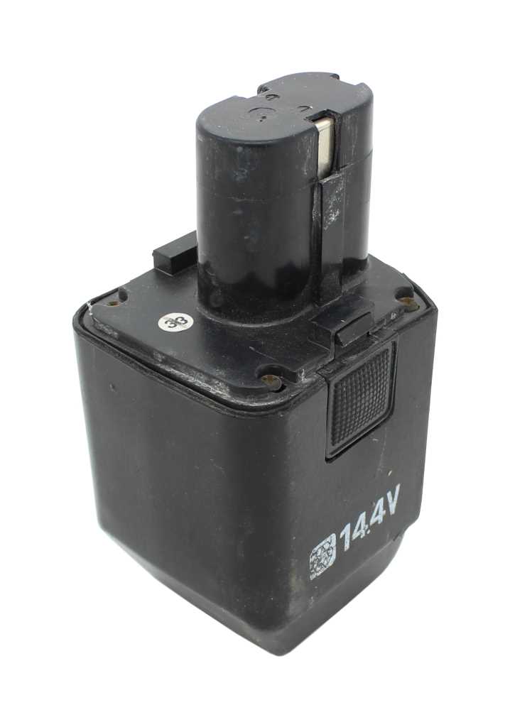 Schwarzer Akku für Elektrowerkzeug mit zylindrischem Aufsatz, seitlicher Entriegelungstaste und Aufdruck 14.4V