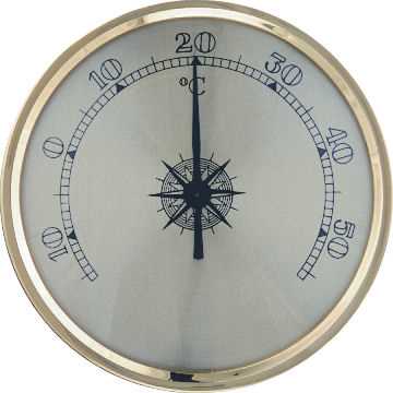 Rundes Thermometer mit silbernem Zifferblatt, schwarzem Zeiger und Skala von 0 bis 50 °C in 10er-Schritten