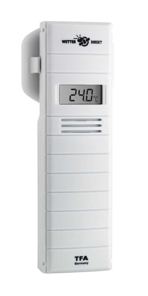 Weißes Wandgerät mit kleinem Display und Lüftungsschlitzen, seitliche Halterung sichtbar