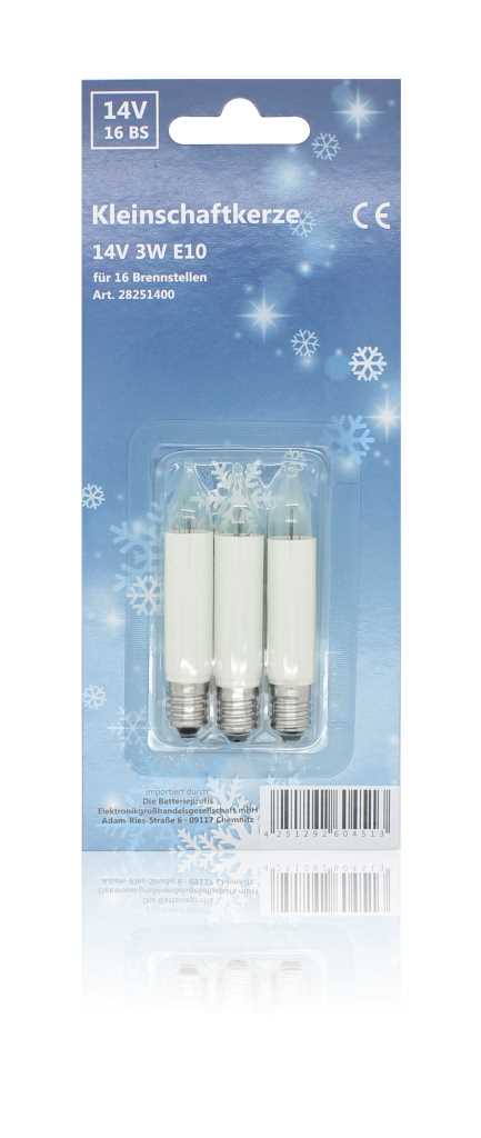 Drei weiße Glühlampen mit Schraubsockel in Blisterverpackung auf blauem Karton mit Schneeflockenmotiv