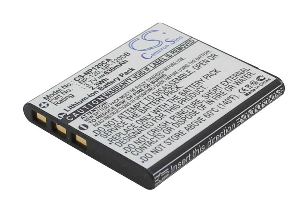 Schwarzer Kameraakku mit weißem Etikett, schräg liegend, drei goldene Kontakte an der Stirnseite sichtbar