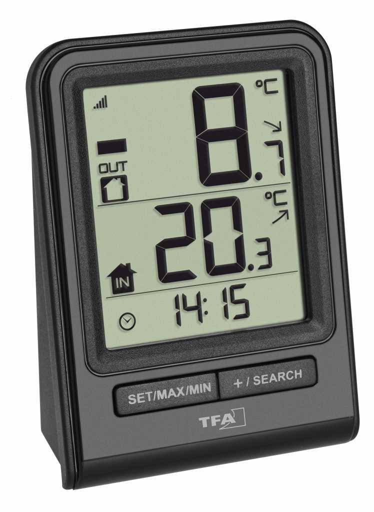 Schwarzes Digitalthermometer mit Display für Außen- und Innentemperaturanzeige sowie Uhrzeit und zwei Tasten unten