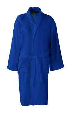 Blauer Bademantel mit Schalkragen, Gürtel und zwei aufgesetzten Taschen, frontal freigestellt auf weißem Hintergrund