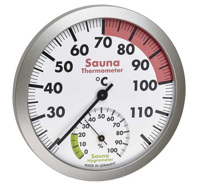 Rundes Analog-Thermometer mit Hygrometer, Skala bis 110 °C und 0–100 %, roter und grüner Markierungsbereich