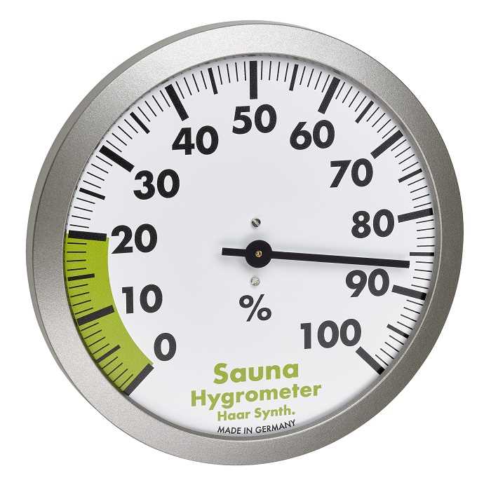 Rundes Hygrometer mit silbernem Rahmen, Skala 0–100 Prozent und Zeiger bei etwa 85, grüner Bereich bei 0–20