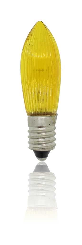 Gelbe, geriffelte Glühlampe in Tropfenform mit Schraubsockel, freigestellt auf weißem Hintergrund mit Spiegelung