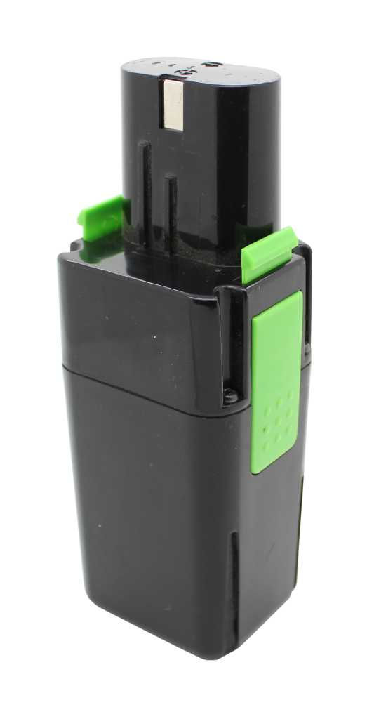 Schwarzer Akku mit grünem Entriegelungsknopf und zwei grünen Rastnasen, oben Metallkontakt sichtbar