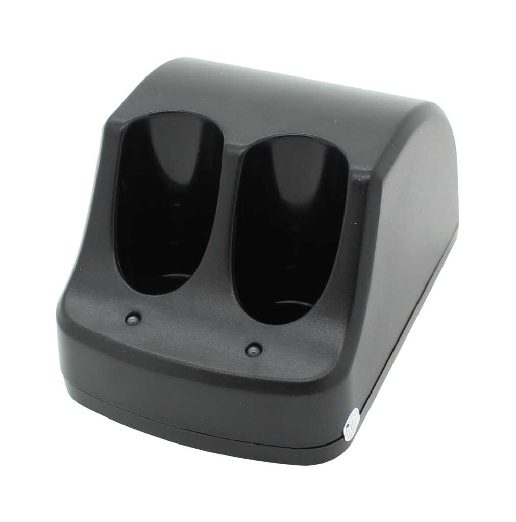 Schwarze Ladestation mit zwei Steckplätzen und zwei kleinen Kontrollleuchten auf weißem Hintergrund