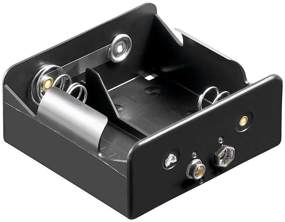Schwarzer Batteriehalter für zwei Zellen mit Metallfedern und zwei Druckknopfkontakten an der Stirnseite