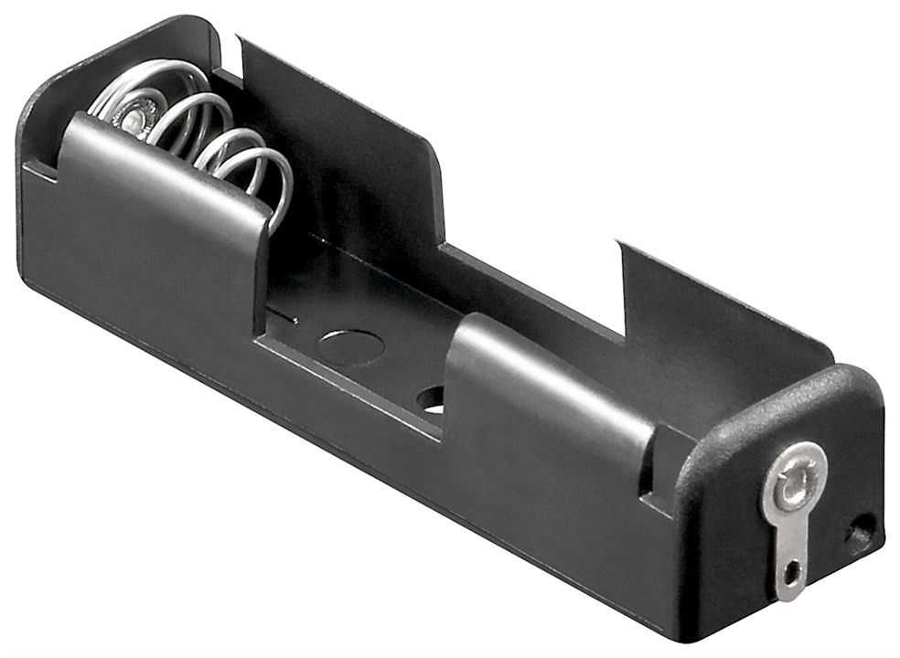 Schwarzer Batteriehalter für eine Rundzelle mit Federkontakt und Metalllasche an einem Ende