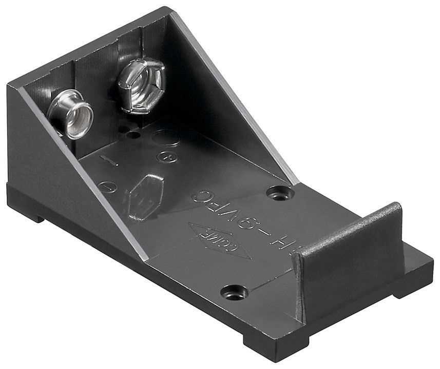 Schwarzer Kunststoff-Batteriehalter mit zwei Metallkontakten, zwei Schraublöchern und seitlicher Stützwand