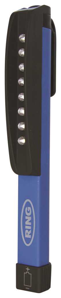 Blaue Clipleuchte mit schwarzem Kopf und acht sichtbaren LED-Linsen an der Seite